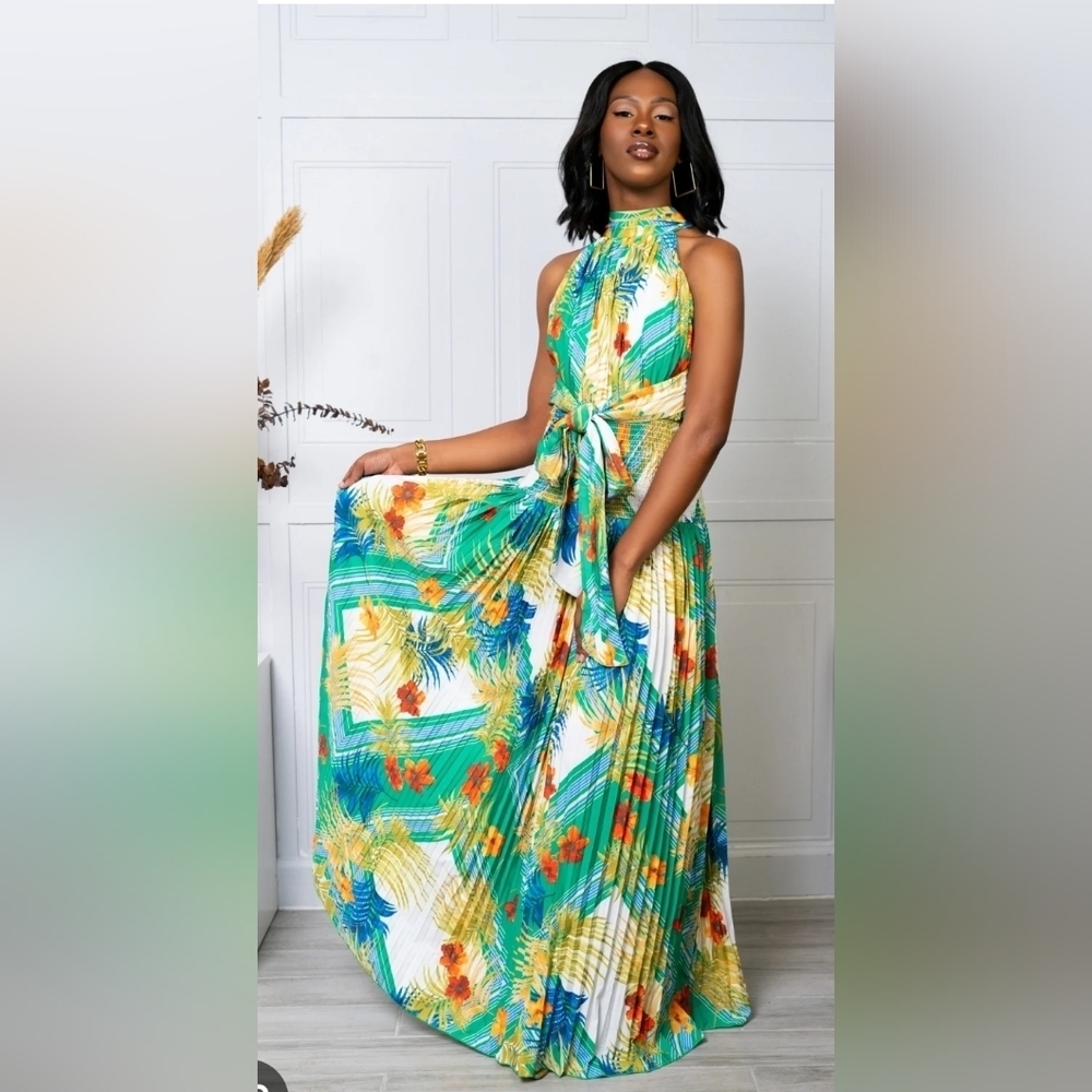 L'atiste Floral Multicolor Pleated Tie Maxi Dress Size M